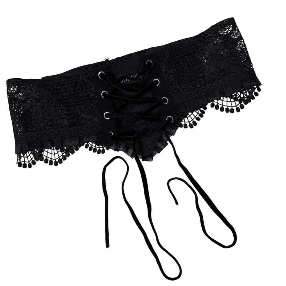 Dark In Love Corset Belt Womens M Black Lace Velvet Lace Up Victorian Goth CW033